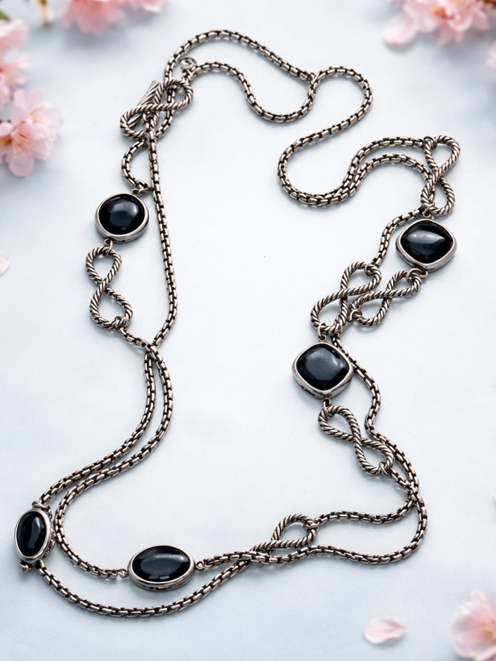 David Yurman 46" Infinity Black Onyx Box Chain Necklace Sterling Silver